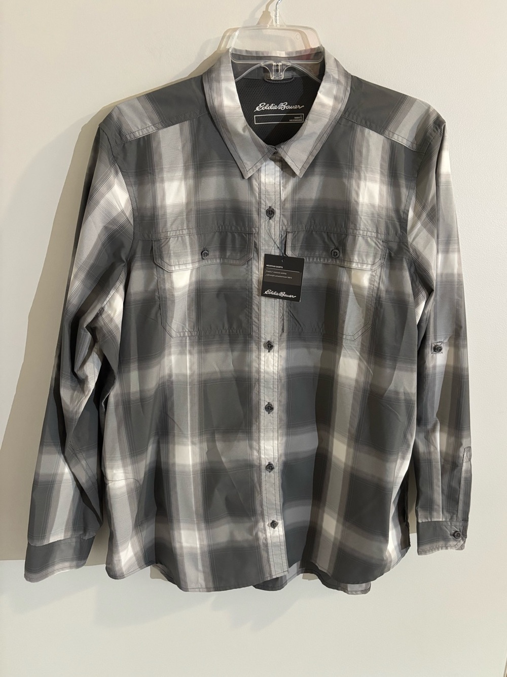 Eddie Bauer Women’s Carbon Gray Plaid Button-Up Mountain Shirt Size L NWT